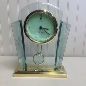 Seiko Quartz Desk Clock Tinted Lucite Case & Pendulum Gold-Tone Metal Base Japan